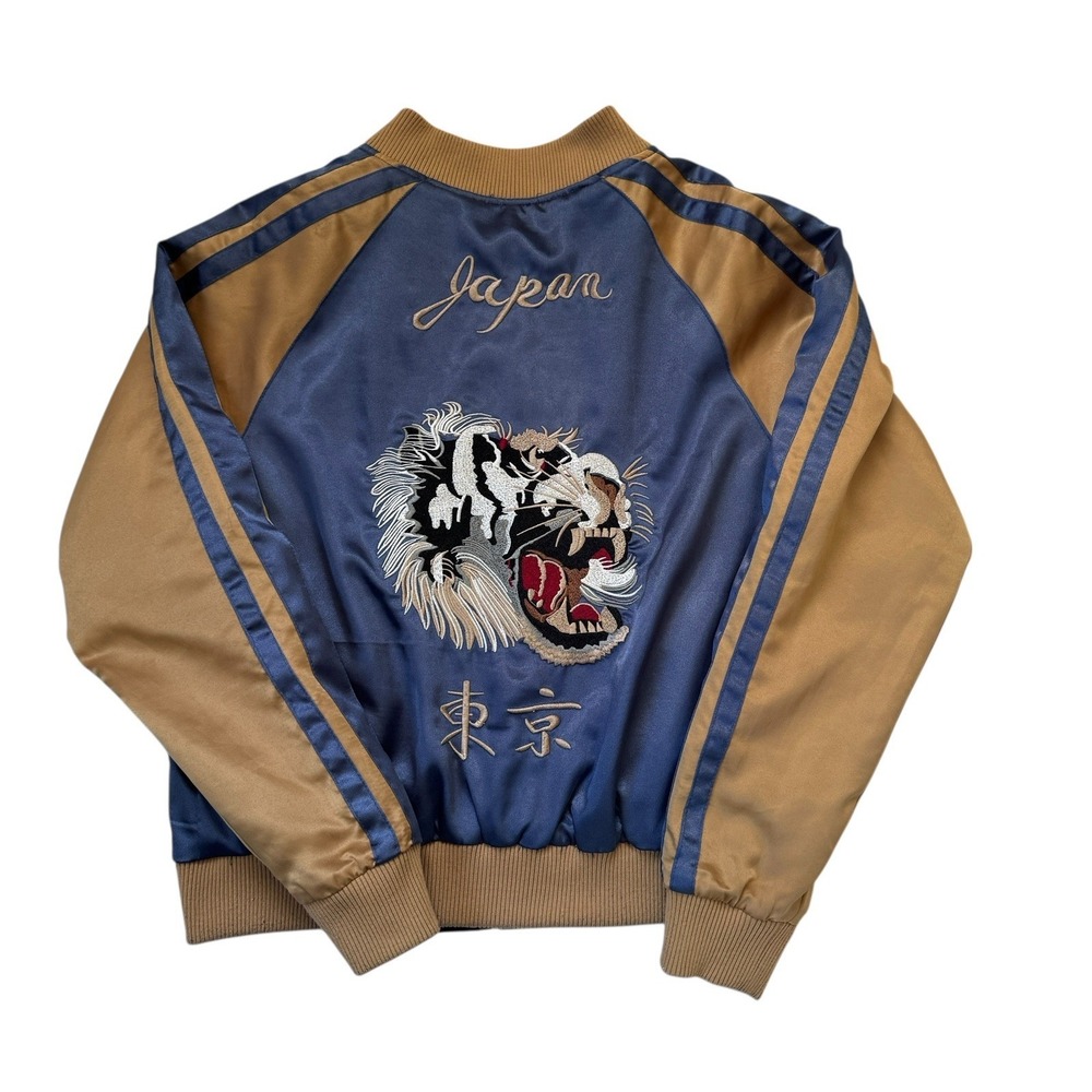 Sukajan Japan LA‎ Tiger Embroidered Bomber Jacket Medium Blue Gold Reversible